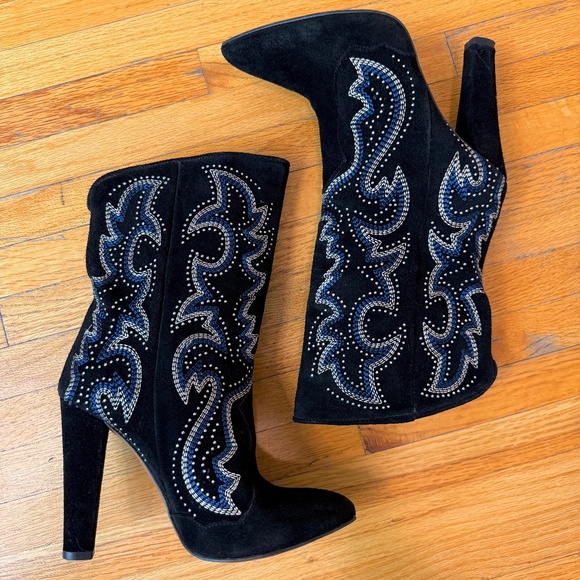 Zara Black Suede Rhinestone High Heel Boots - Picture 1 of 12